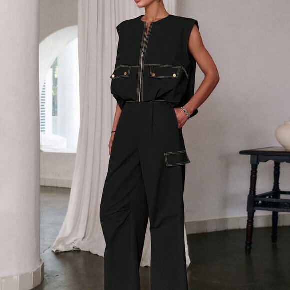 Black Casual Women's Zipper Sleeveless Top &  Long Pants coord set - Picture 3 of 8